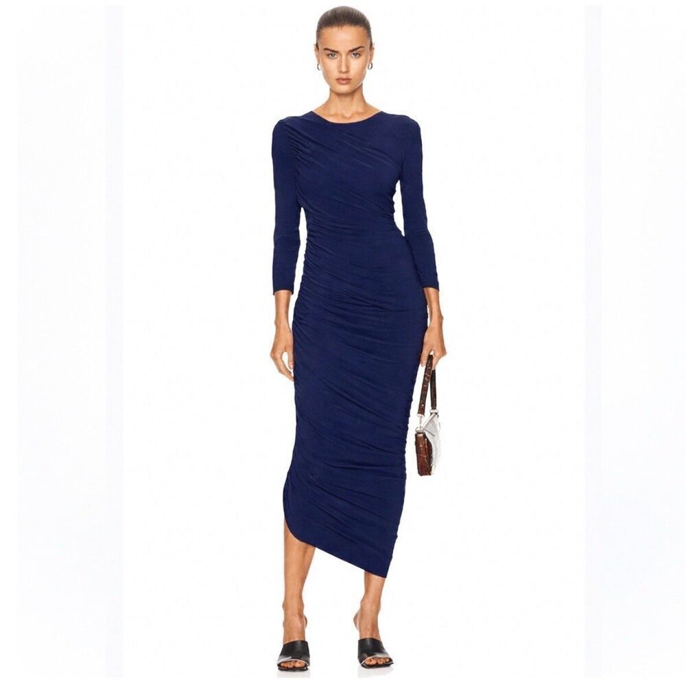 Norma Kamali Diana Gown Long Sleeve Midi Ruched Navy Dress Ruched NEW XL Revolve
